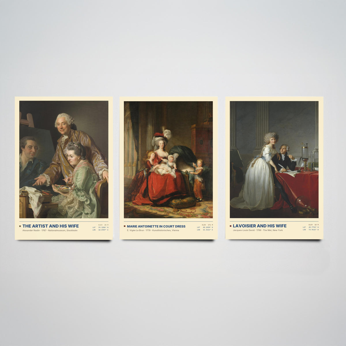 French Court Set of Three Art Prints - Marie Antoinette, Lavoisier - Vigee Le Brun David Roslin Gallery Posters - Rococo Paintings