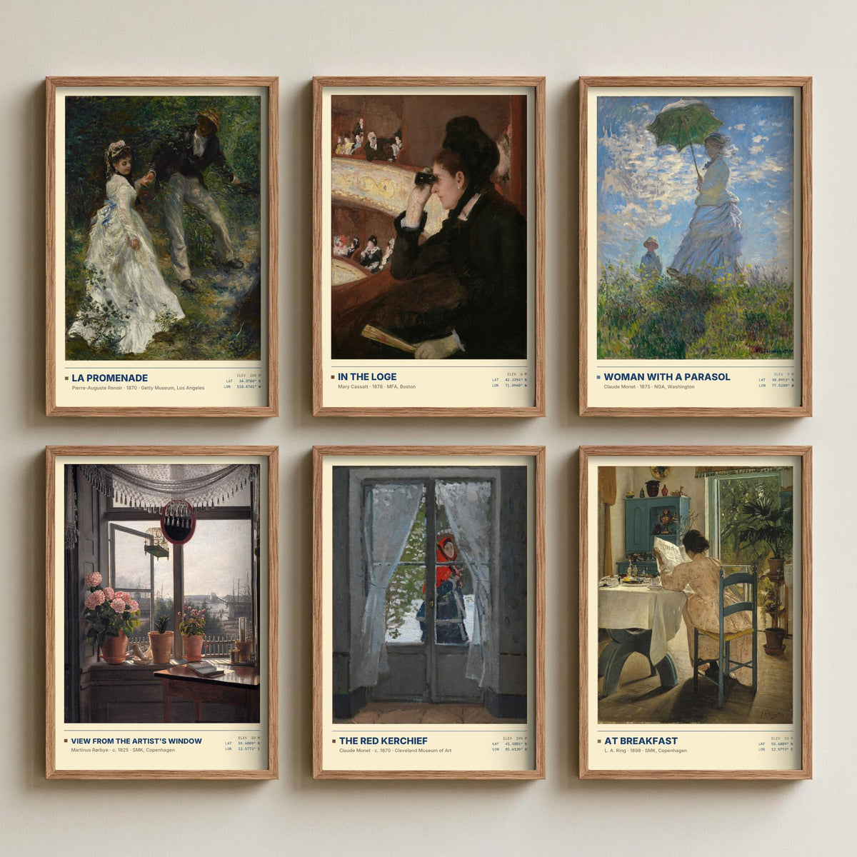 Set of Six Impressionist Paintings - 6 Everyday Life Art Prints - Renoir, Cassatt, Monet, Rorbye, Ring - La Promenade Poster Set
