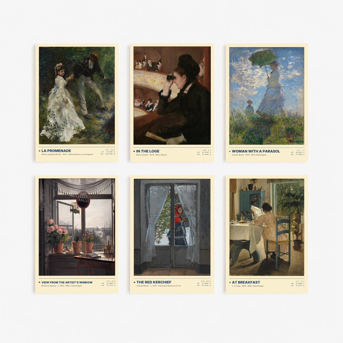 Set of Six Impressionist Paintings - 6 Everyday Life Art Prints - Renoir, Cassatt, Monet, Rorbye, Ring - La Promenade Poster Set