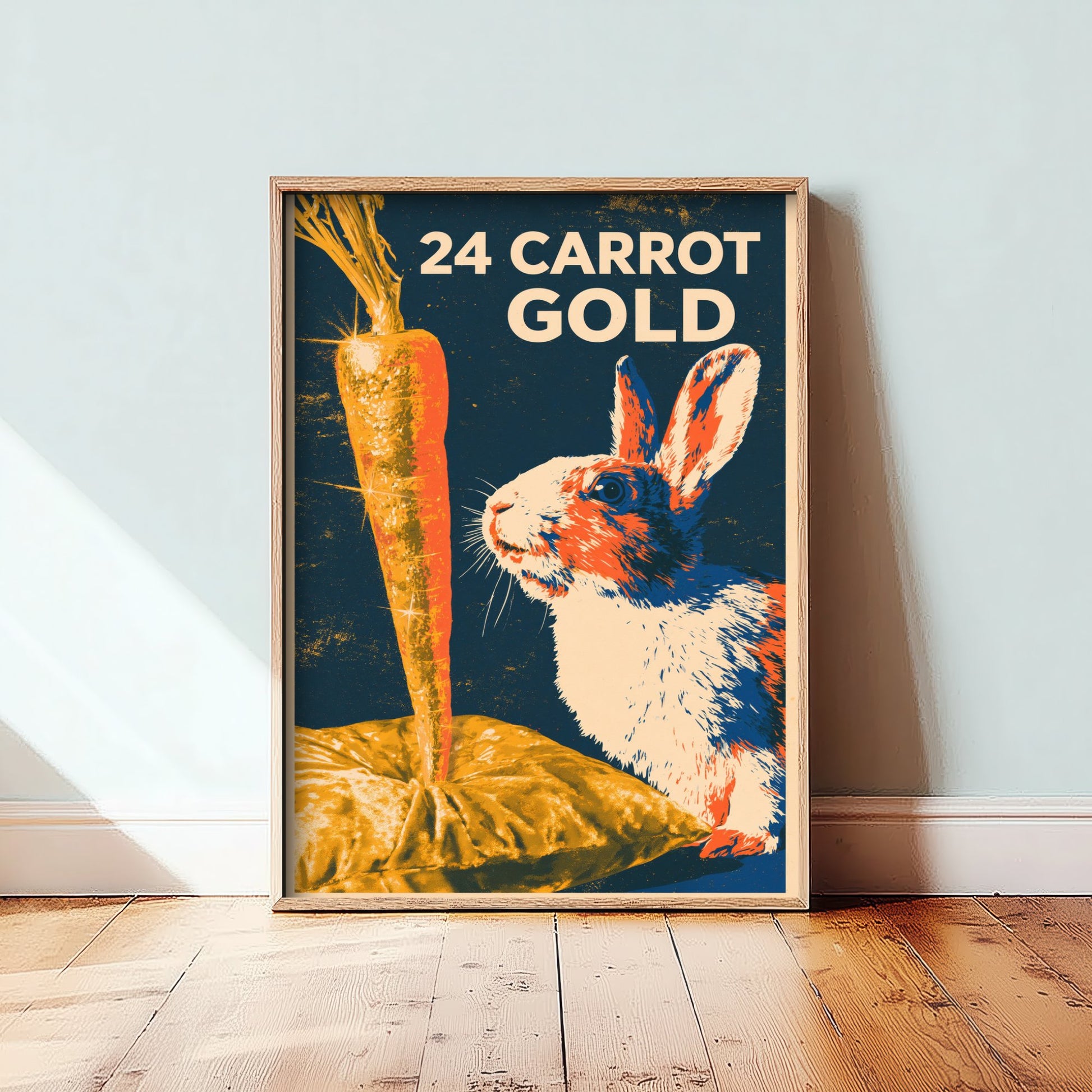 24 Carrot Gold Art Print - Funny Rabbit Kitchen Poster - Retro Carrot Pun Illustration