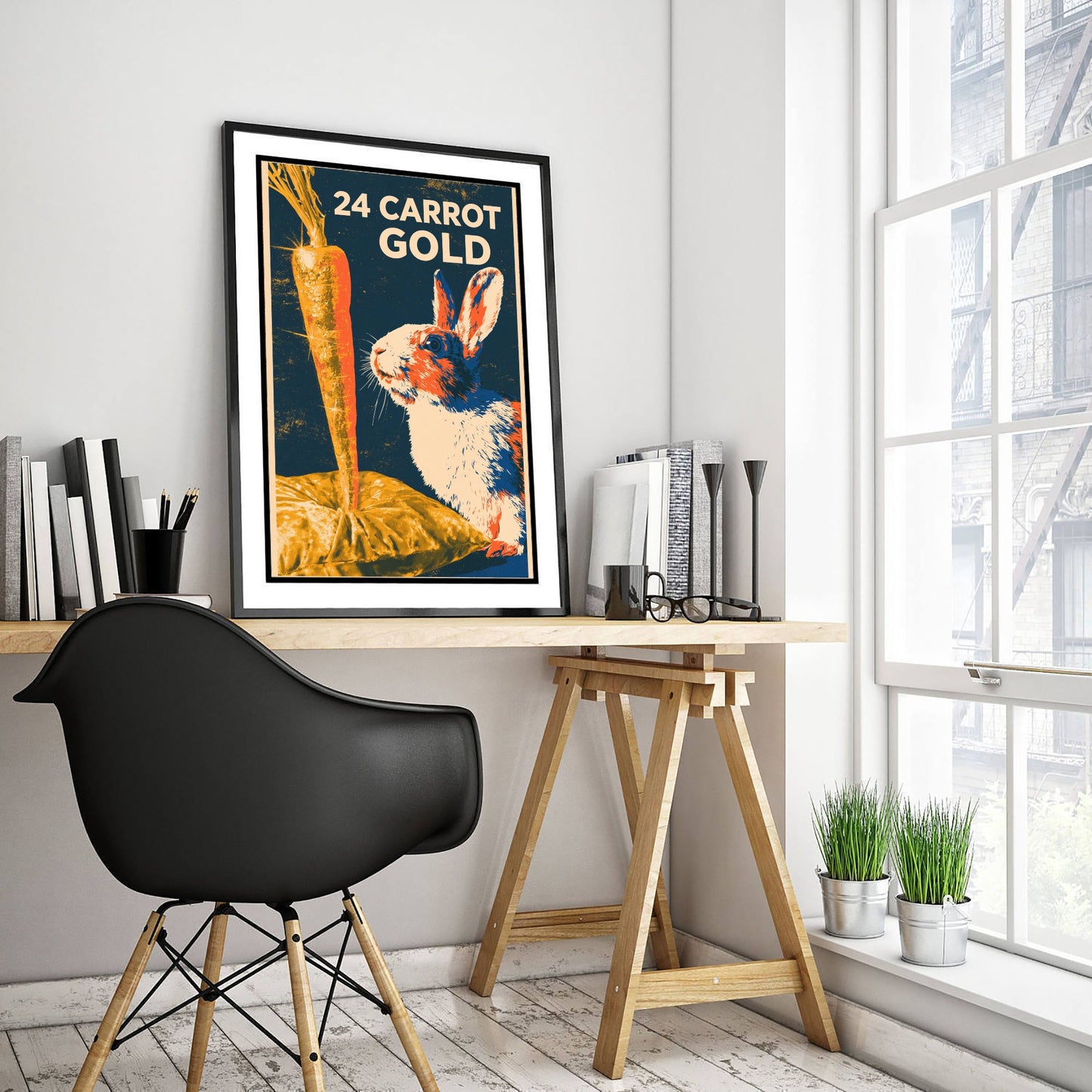24 Carrot Gold Art Print - Funny Rabbit Kitchen Poster - Retro Carrot Pun Illustration