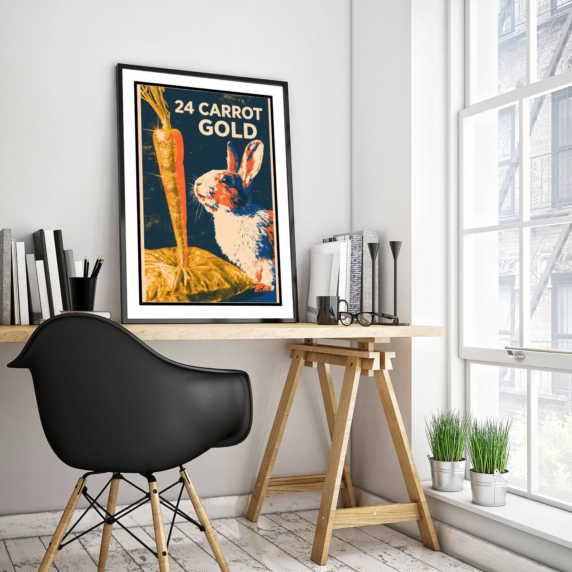 24 Carrot Gold Art Print - Funny Rabbit Kitchen Poster - Retro Carrot Pun Illustration