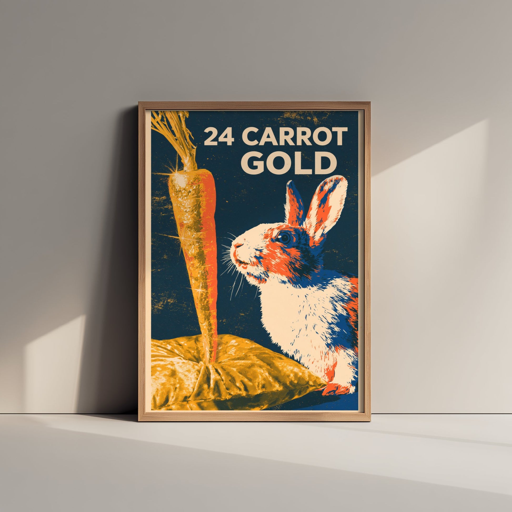 24 Carrot Gold Art Print - Funny Rabbit Kitchen Poster - Retro Carrot Pun Illustration