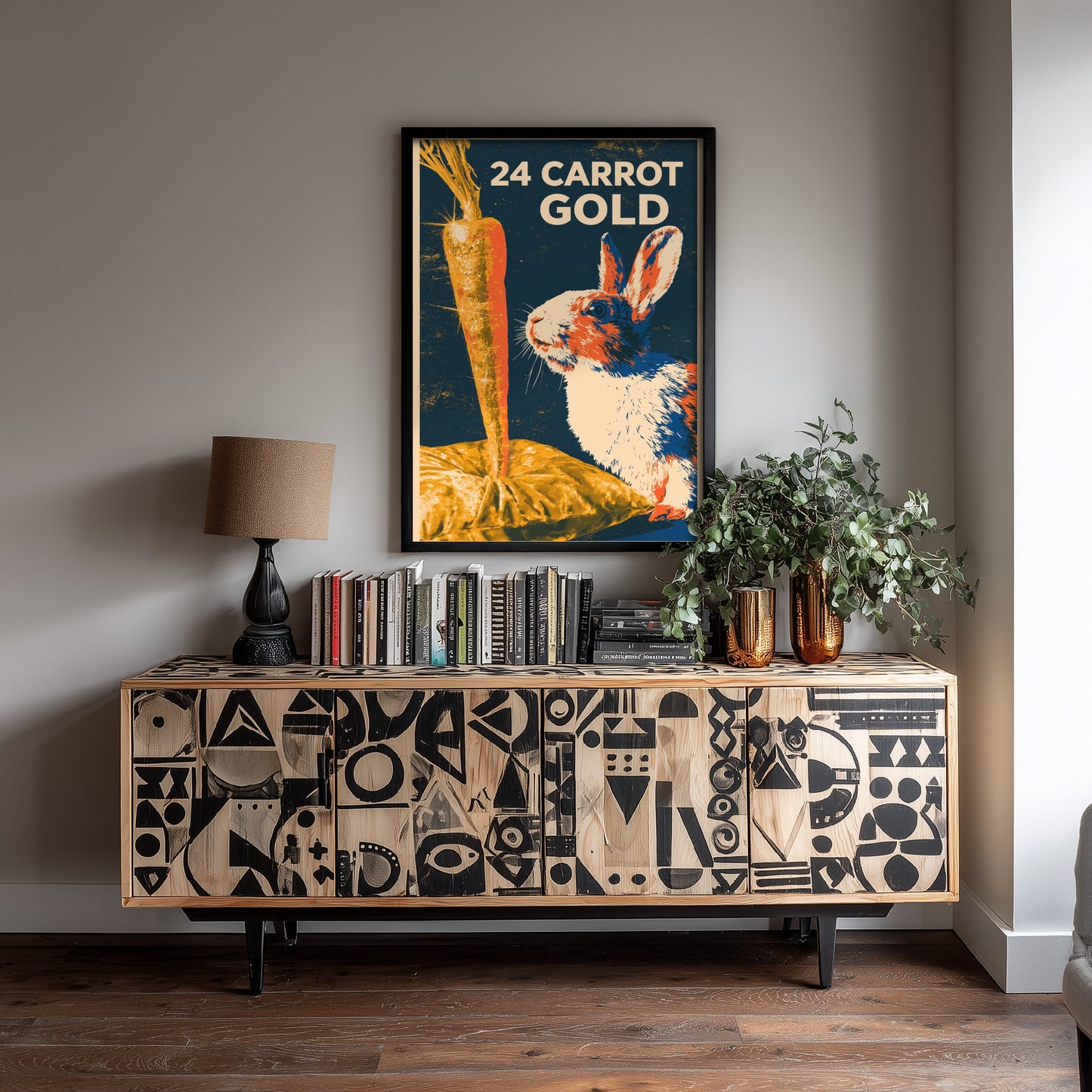 24 Carrot Gold Art Print - Funny Rabbit Kitchen Poster - Retro Carrot Pun Illustration