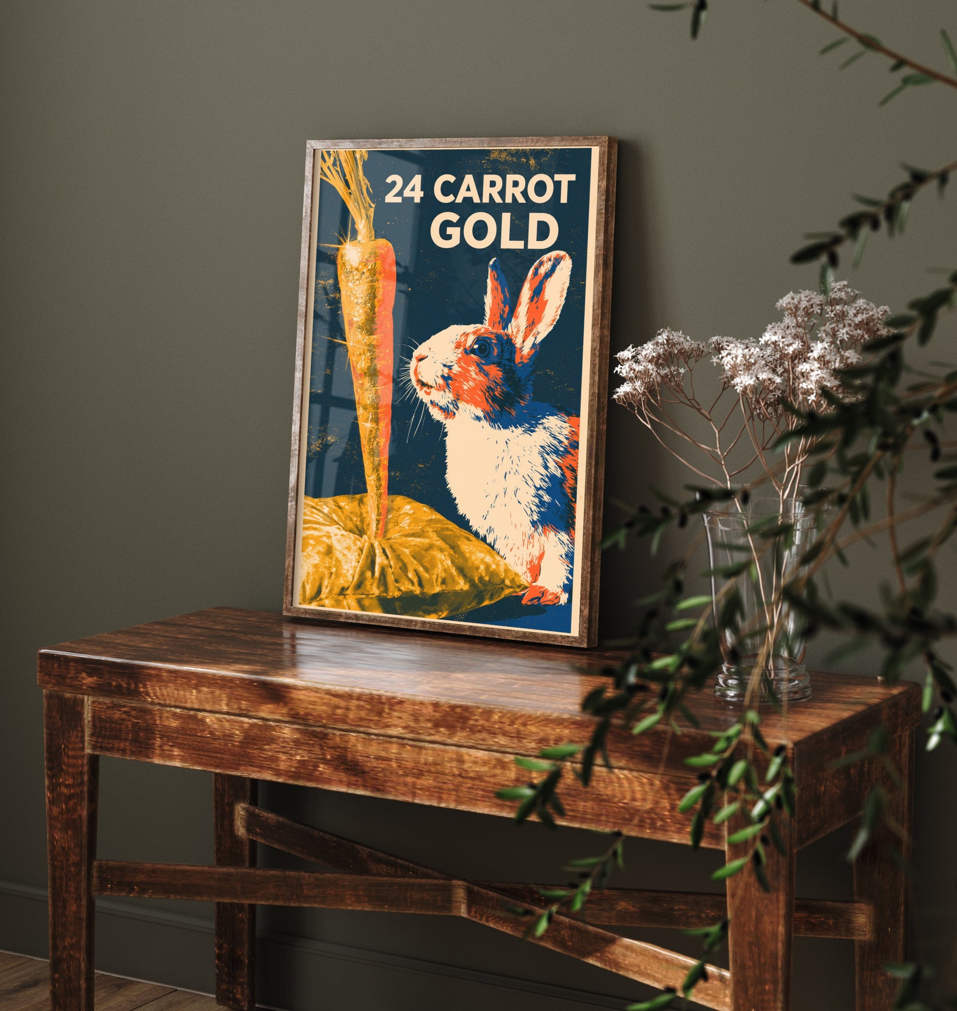 24 Carrot Gold Art Print - Funny Rabbit Kitchen Poster - Retro Carrot Pun Illustration