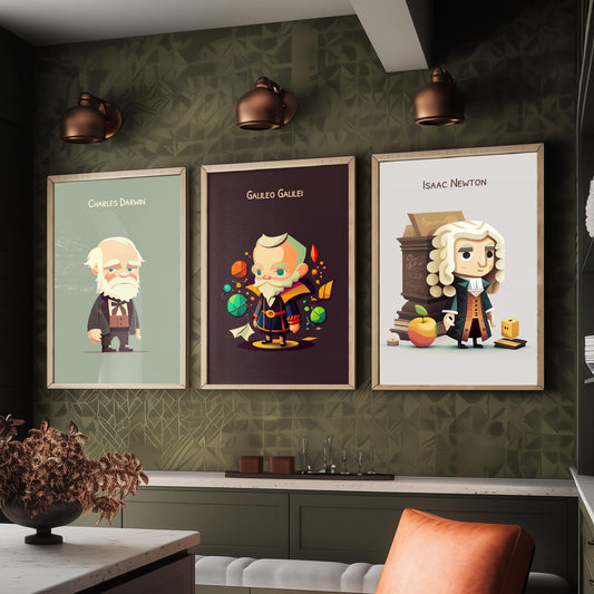 Famous Scientists Set of Three Art Prints - Charles Darwin, Galileo Galilei, Isaac Newton - Cute 3D Character Poster Illustration
