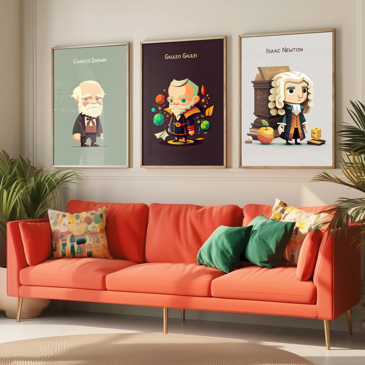 Famous Scientists Set of Three Art Prints - Charles Darwin, Galileo Galilei, Isaac Newton - Cute 3D Character Poster Illustration