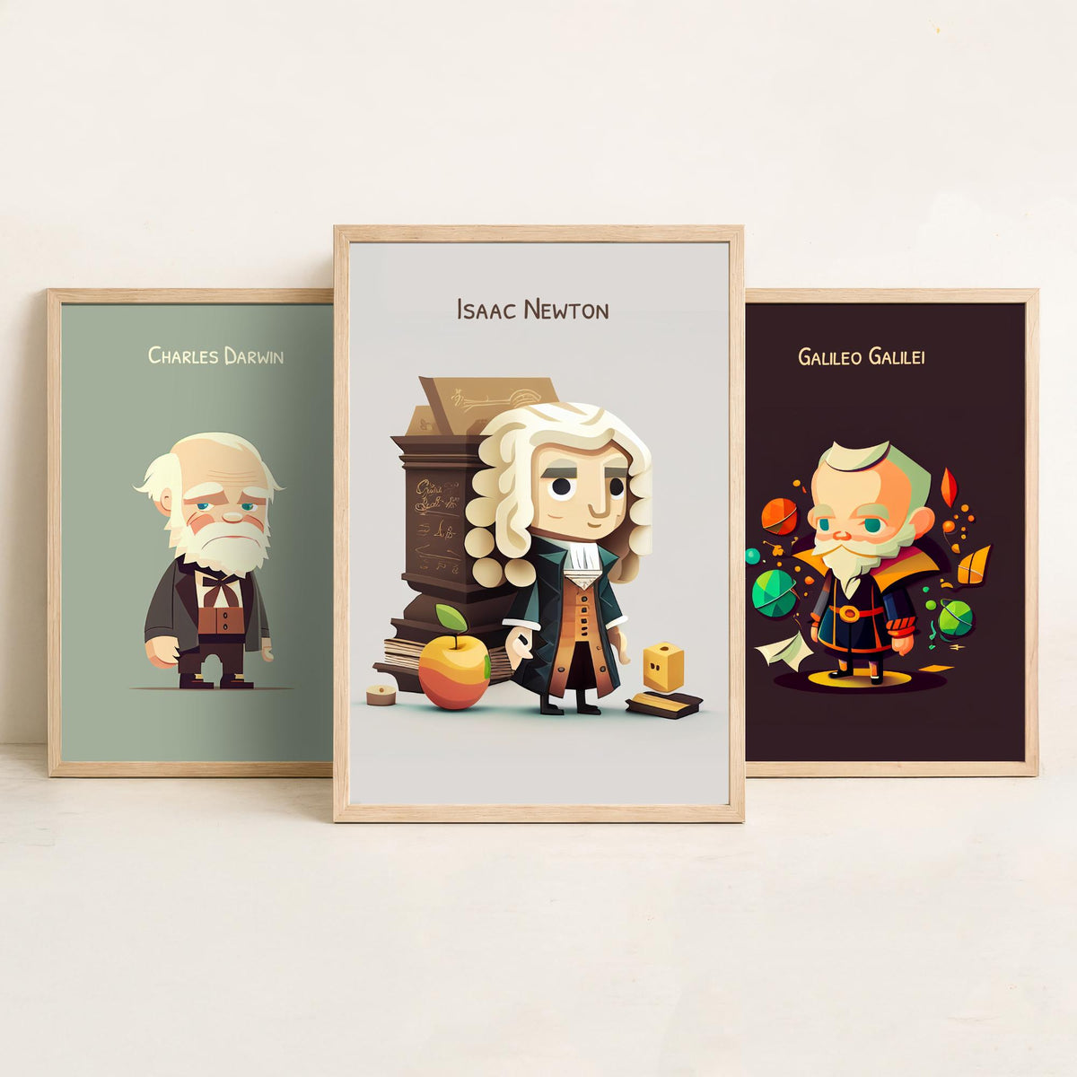 Famous Scientists Set of Three Art Prints - Charles Darwin, Galileo Galilei, Isaac Newton - Cute 3D Character Poster Illustration
