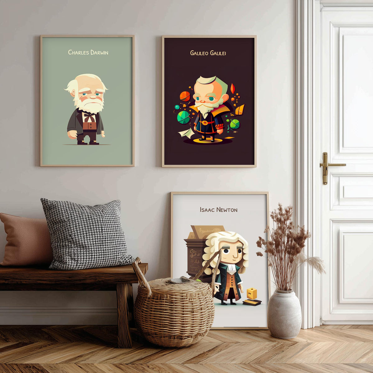 Famous Scientists Set of Three Art Prints - Charles Darwin, Galileo Galilei, Isaac Newton - Cute 3D Character Poster Illustration