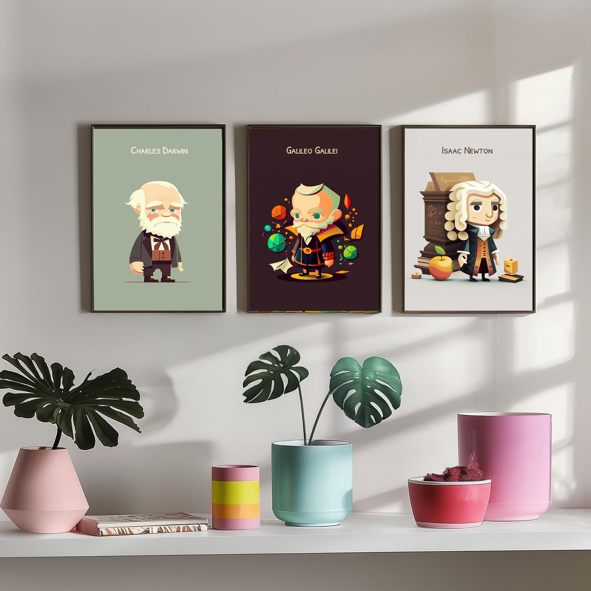 Famous Scientists Set of Three Art Prints - Charles Darwin, Galileo Galilei, Isaac Newton - Cute 3D Character Poster Illustration