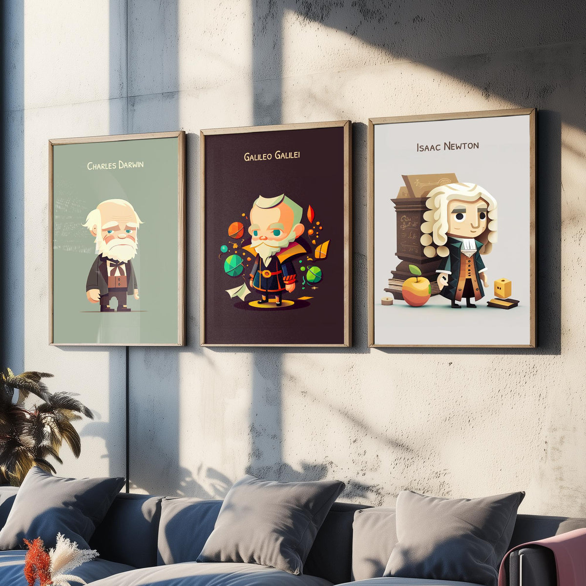 Famous Scientists Set of Three Art Prints - Charles Darwin, Galileo Galilei, Isaac Newton - Cute 3D Character Poster Illustration