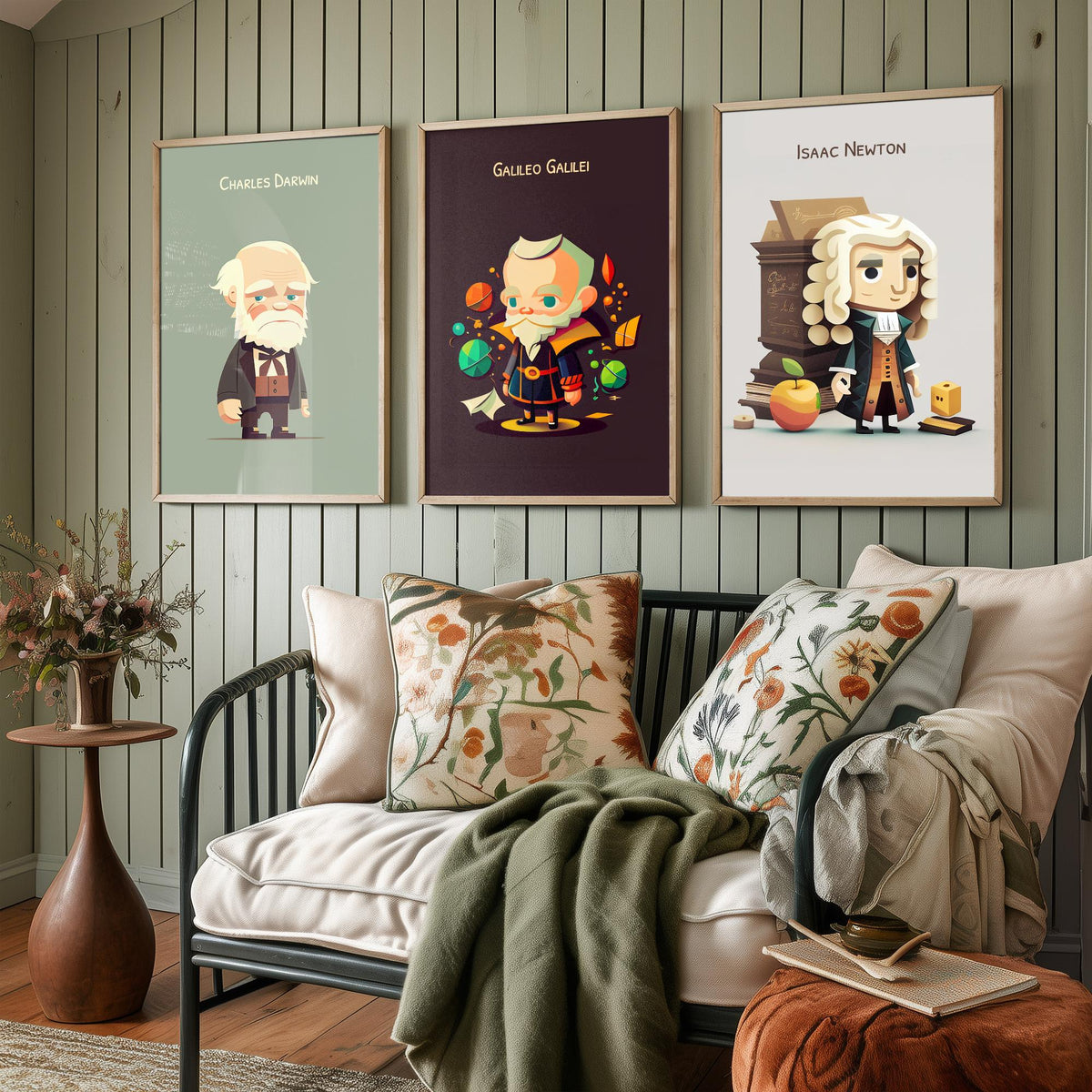 Famous Scientists Set of Three Art Prints - Charles Darwin, Galileo Galilei, Isaac Newton - Cute 3D Character Poster Illustration
