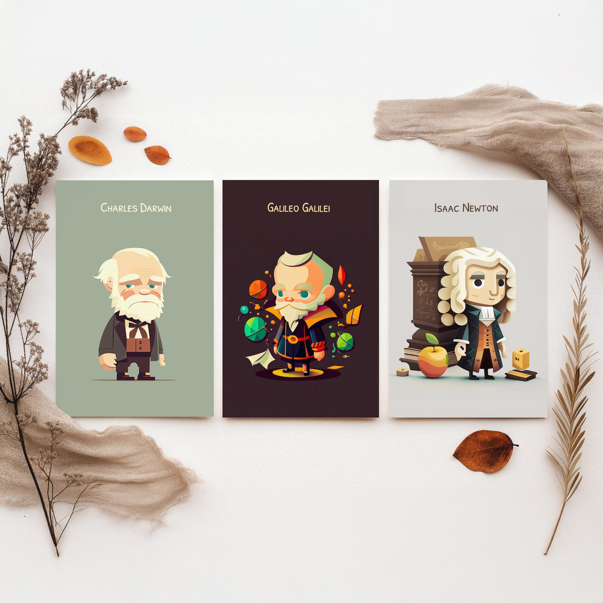 Famous Scientists Set of Three Art Prints - Charles Darwin, Galileo Galilei, Isaac Newton - Cute 3D Character Poster Illustration