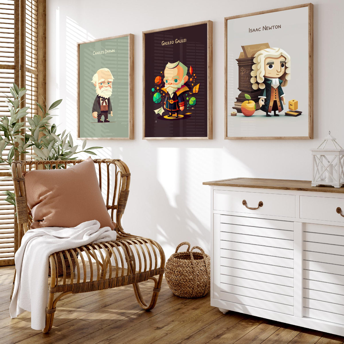 Famous Scientists Set of Three Art Prints - Charles Darwin, Galileo Galilei, Isaac Newton - Cute 3D Character Poster Illustration