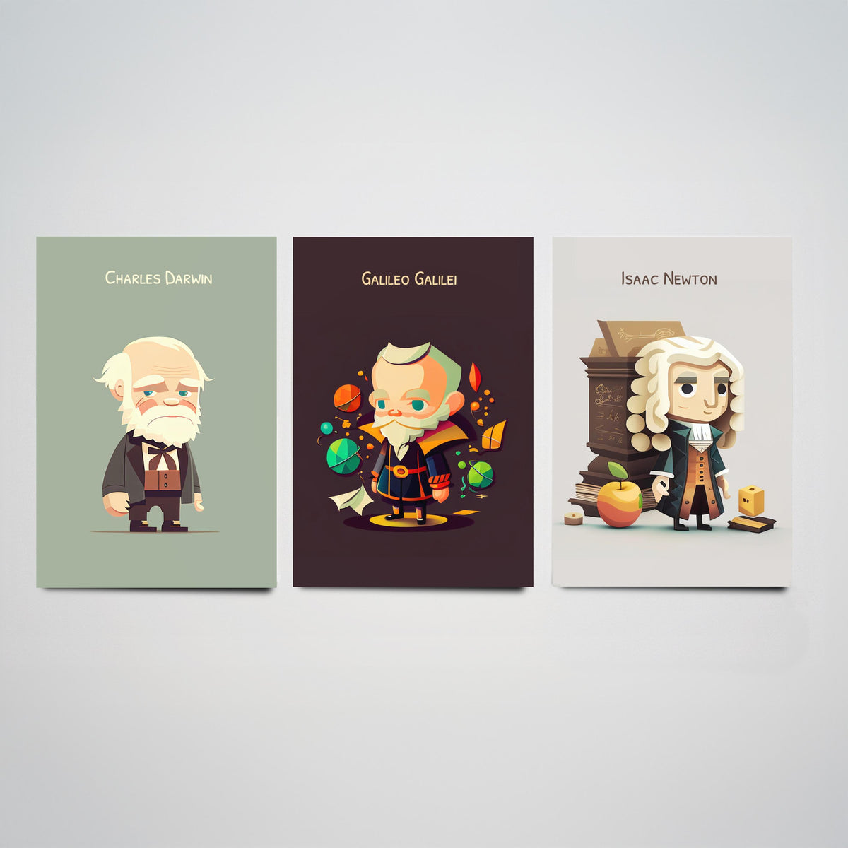 Famous Scientists Set of Three Art Prints - Charles Darwin, Galileo Galilei, Isaac Newton - Cute 3D Character Poster Illustration