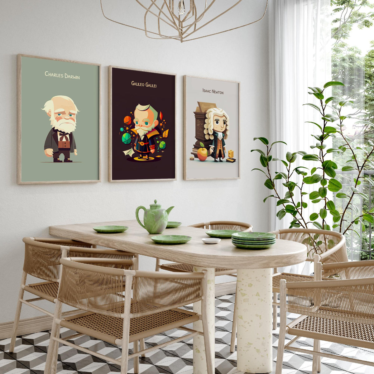 Famous Scientists Set of Three Art Prints - Charles Darwin, Galileo Galilei, Isaac Newton - Cute 3D Character Poster Illustration