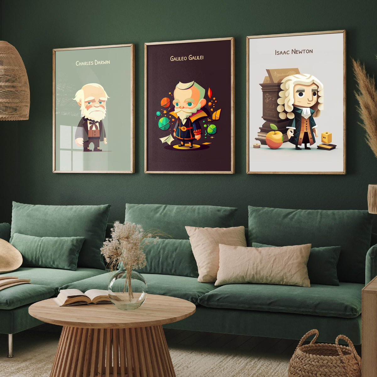 Famous Scientists Set of Three Art Prints - Charles Darwin, Galileo Galilei, Isaac Newton - Cute 3D Character Poster Illustration