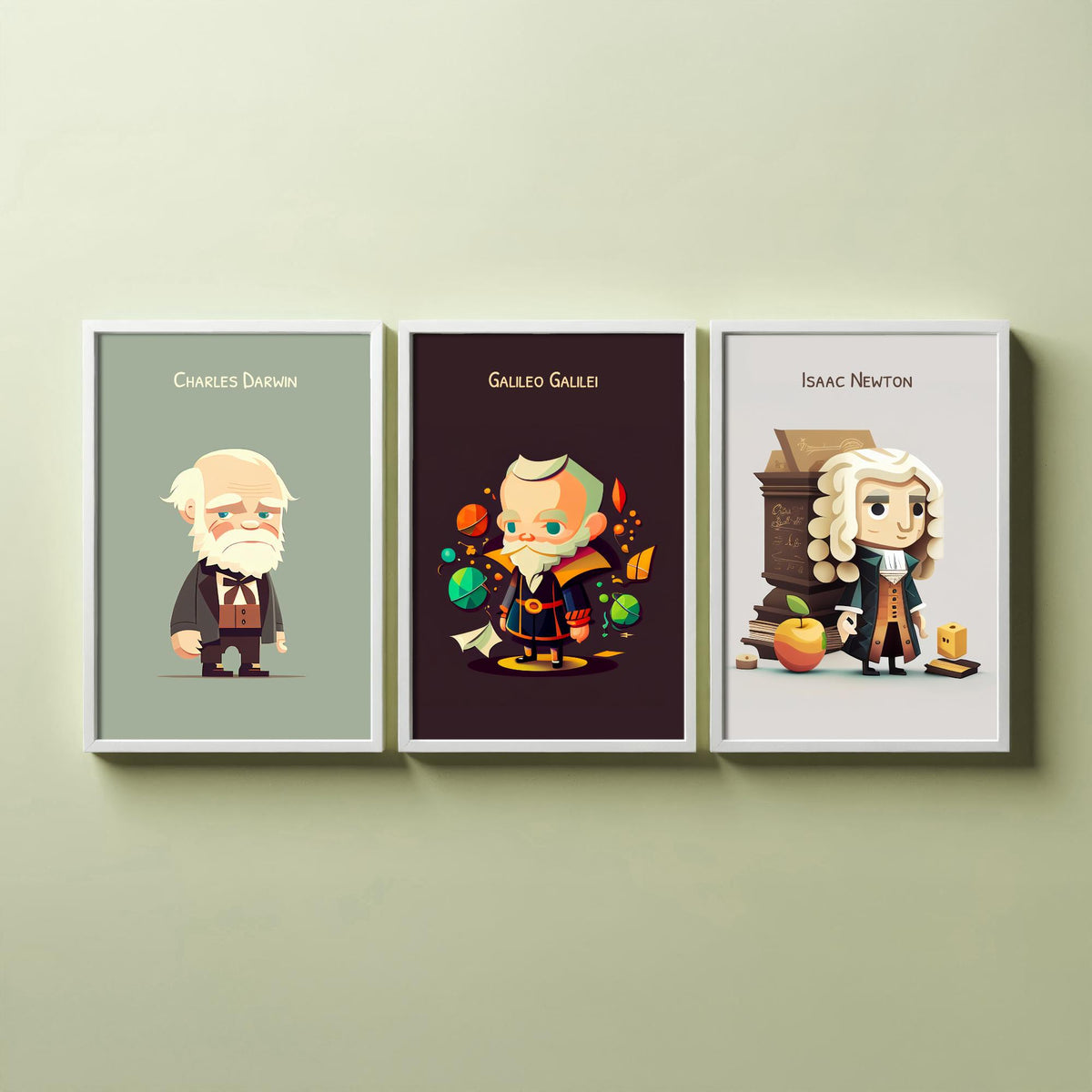 Famous Scientists Set of Three Art Prints - Charles Darwin, Galileo Galilei, Isaac Newton - Cute 3D Character Poster Illustration