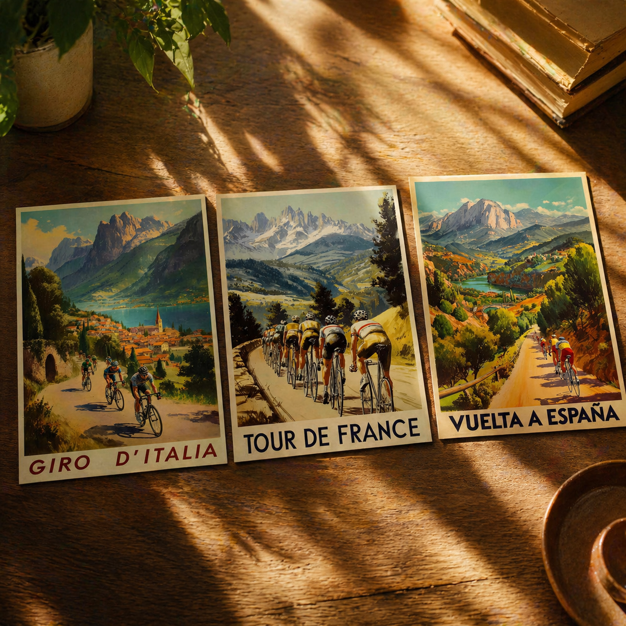 Vintage Cycling Posters - Giro D'Italia, Tour de France, Vuelta a Espana Art Prints - 3 Bicycle Painting Gift Grand Tour Road Set of Three