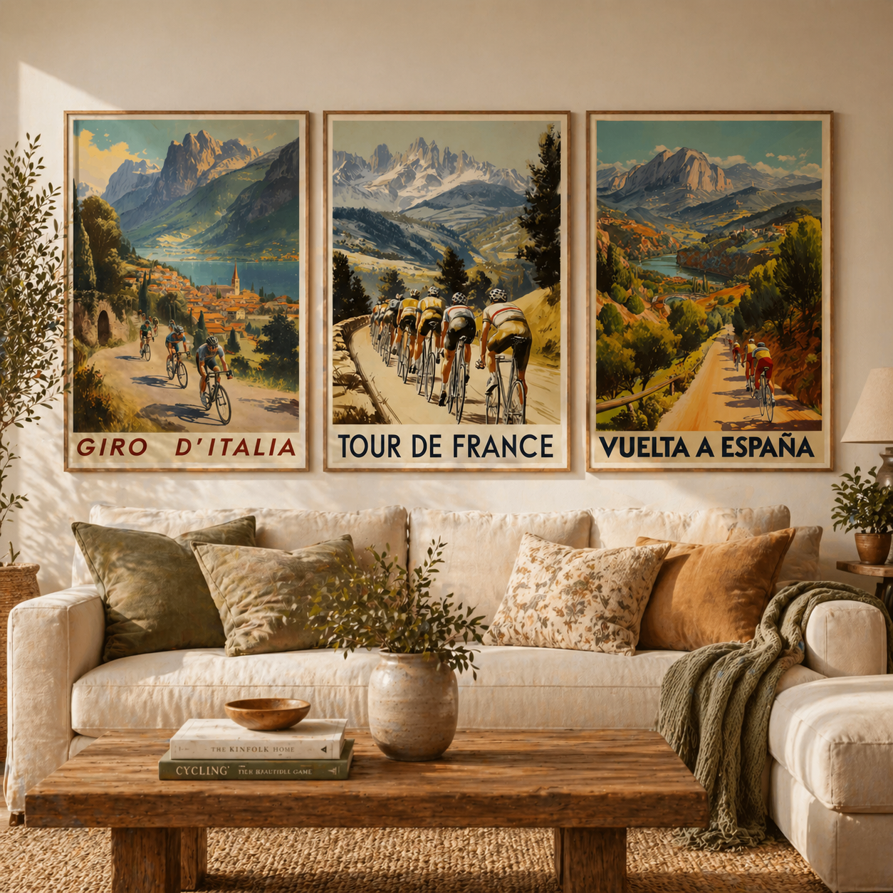 Vintage Cycling Posters - Giro D'Italia, Tour de France, Vuelta a Espana Art Prints - 3 Bicycle Painting Gift Grand Tour Road Set of Three