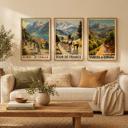 Vintage Cycling Posters - Giro D'Italia, Tour de France, Vuelta a Espana Art Prints - 3 Bicycle Painting Gift Grand Tour Road Set of Three