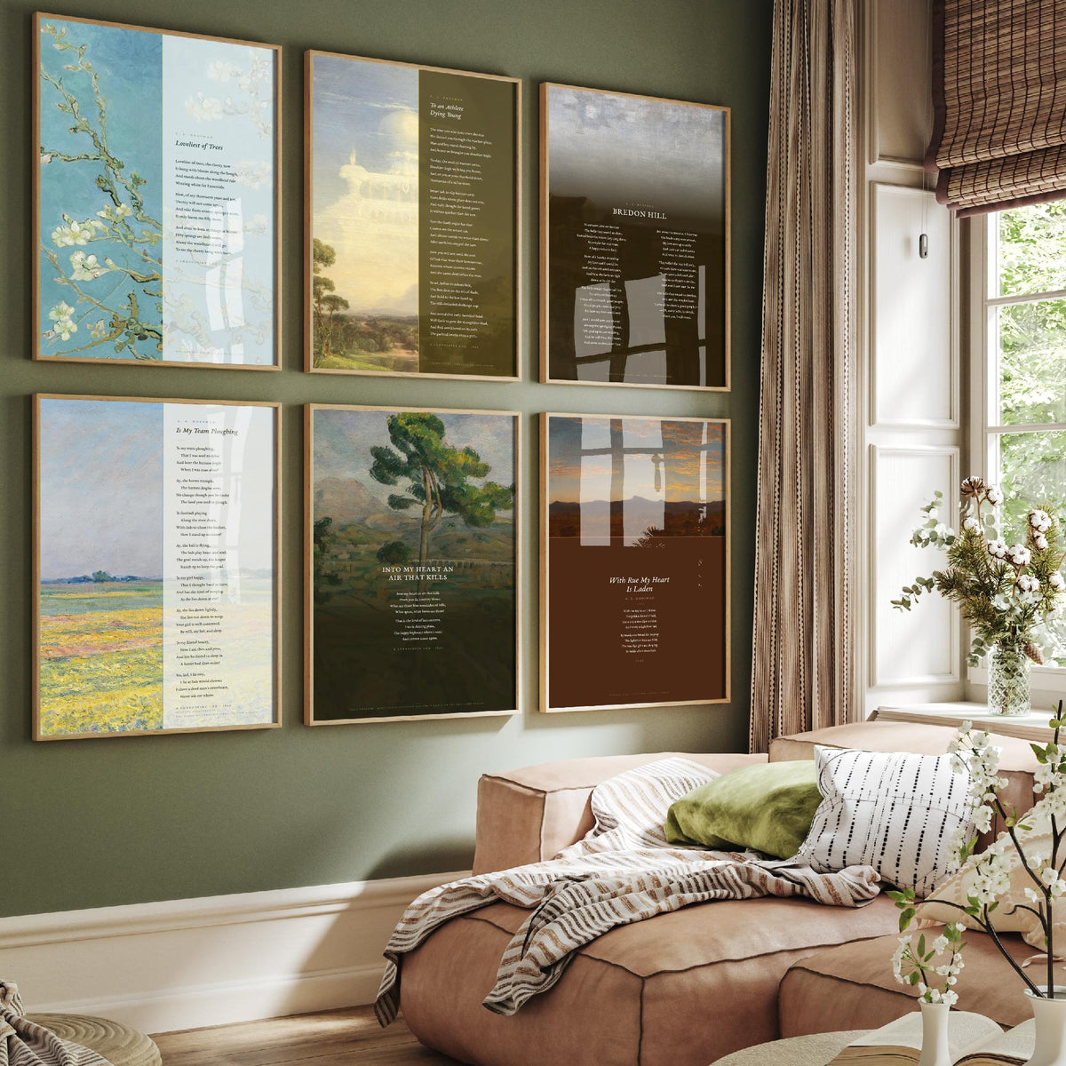 Set of Six A E Housman Poem Art Prints - Full Poems over Classic Paintings - Posters - Loveliest of Trees, Athlete Dying Young, Bredon Hill