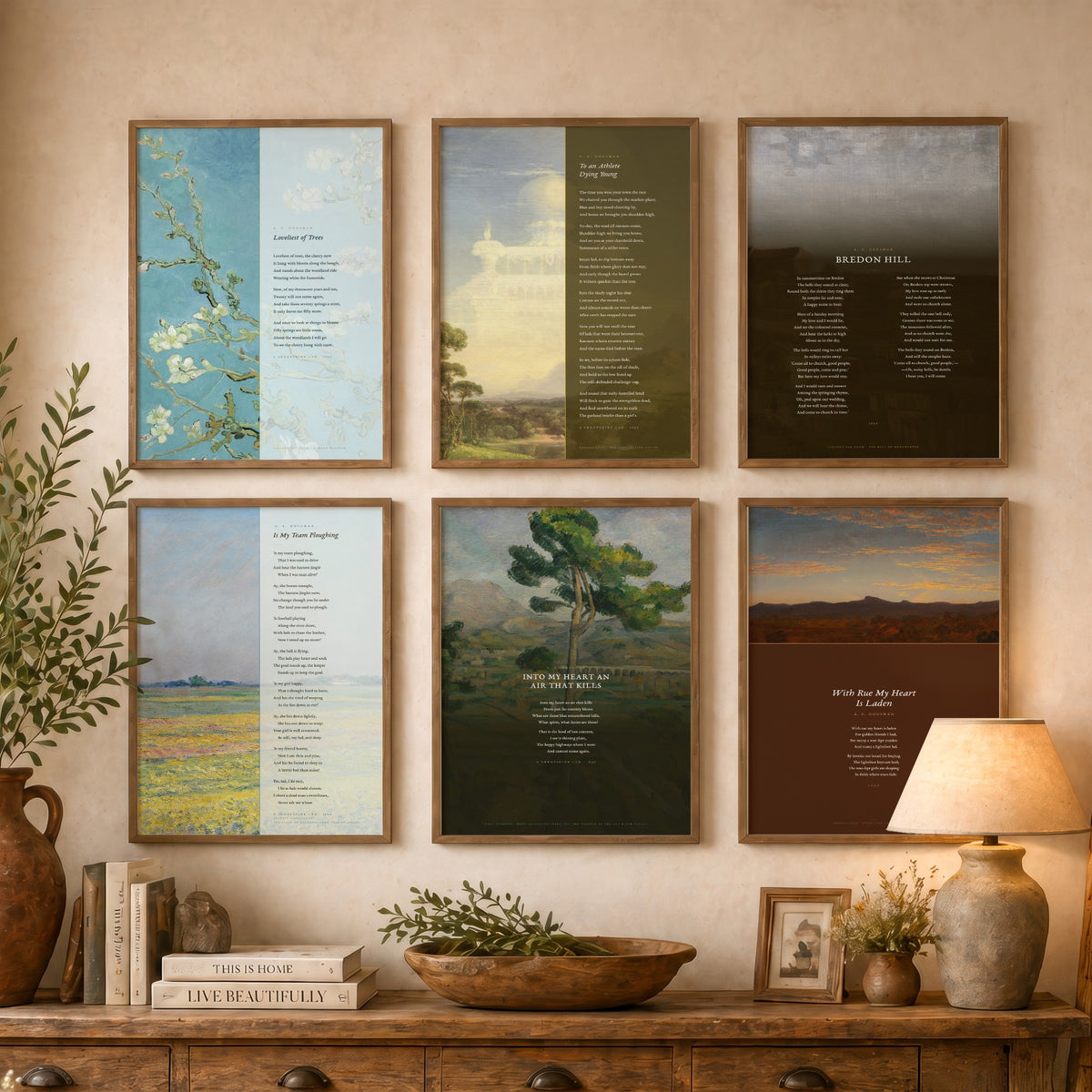 Set of Six A E Housman Poem Art Prints - Full Poems over Classic Paintings - Posters - Loveliest of Trees, Athlete Dying Young, Bredon Hill