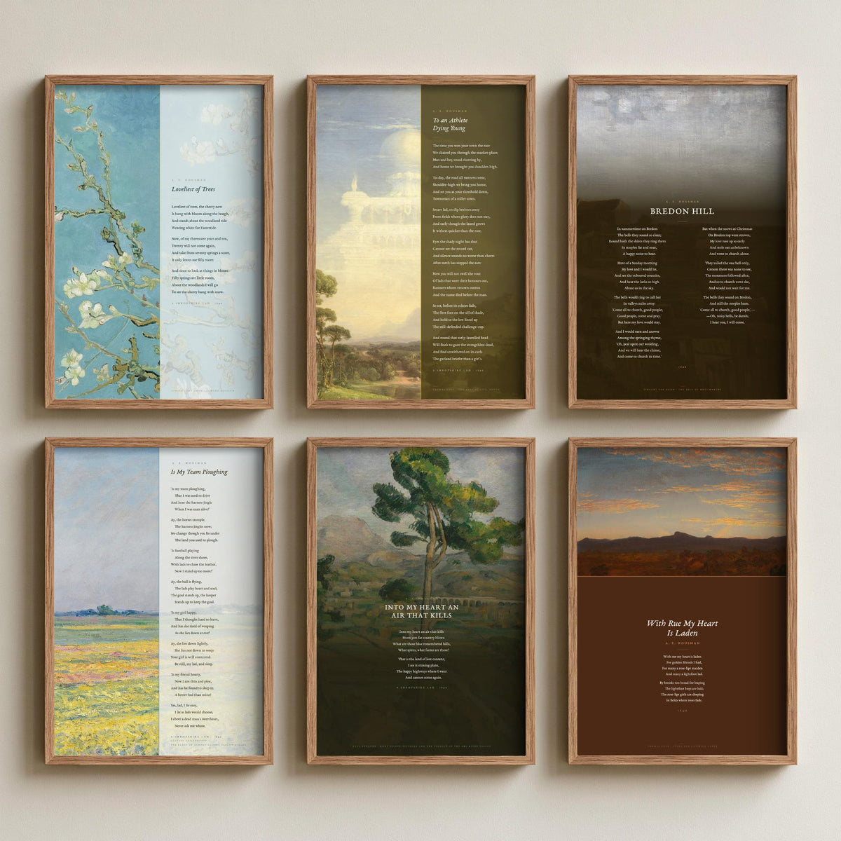 Set of Six A E Housman Poem Art Prints - Full Poems over Classic Paintings - Posters - Loveliest of Trees, Athlete Dying Young, Bredon Hill