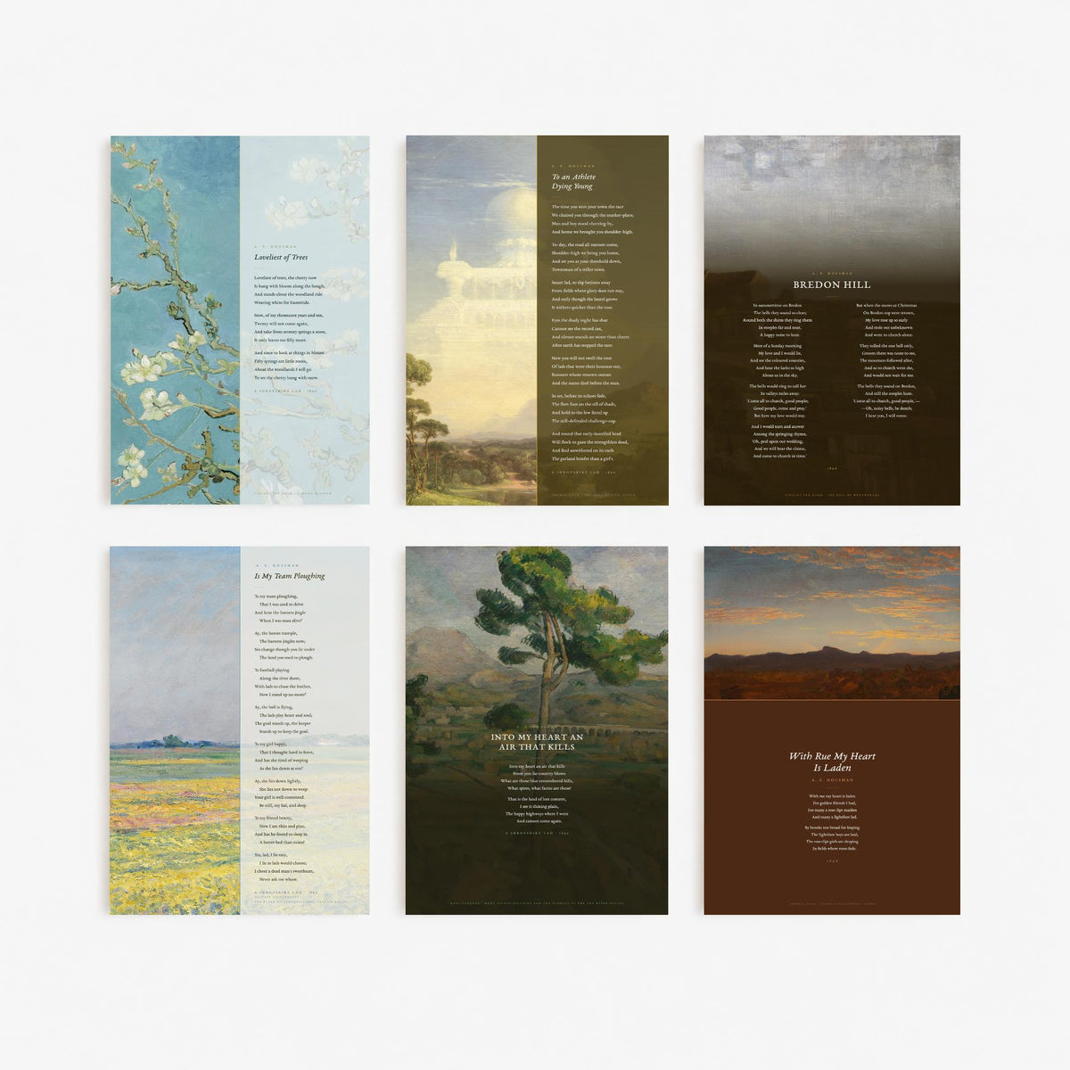 Set of Six A E Housman Poem Art Prints - Full Poems over Classic Paintings - Posters - Loveliest of Trees, Athlete Dying Young, Bredon Hill