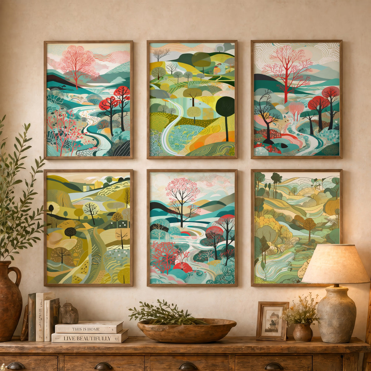 Set of Six Patterned Landscape Art Prints - 6 Folk Countryside Posters - Rolling Hills, Winding Rivers, Coral Trees Illustration
