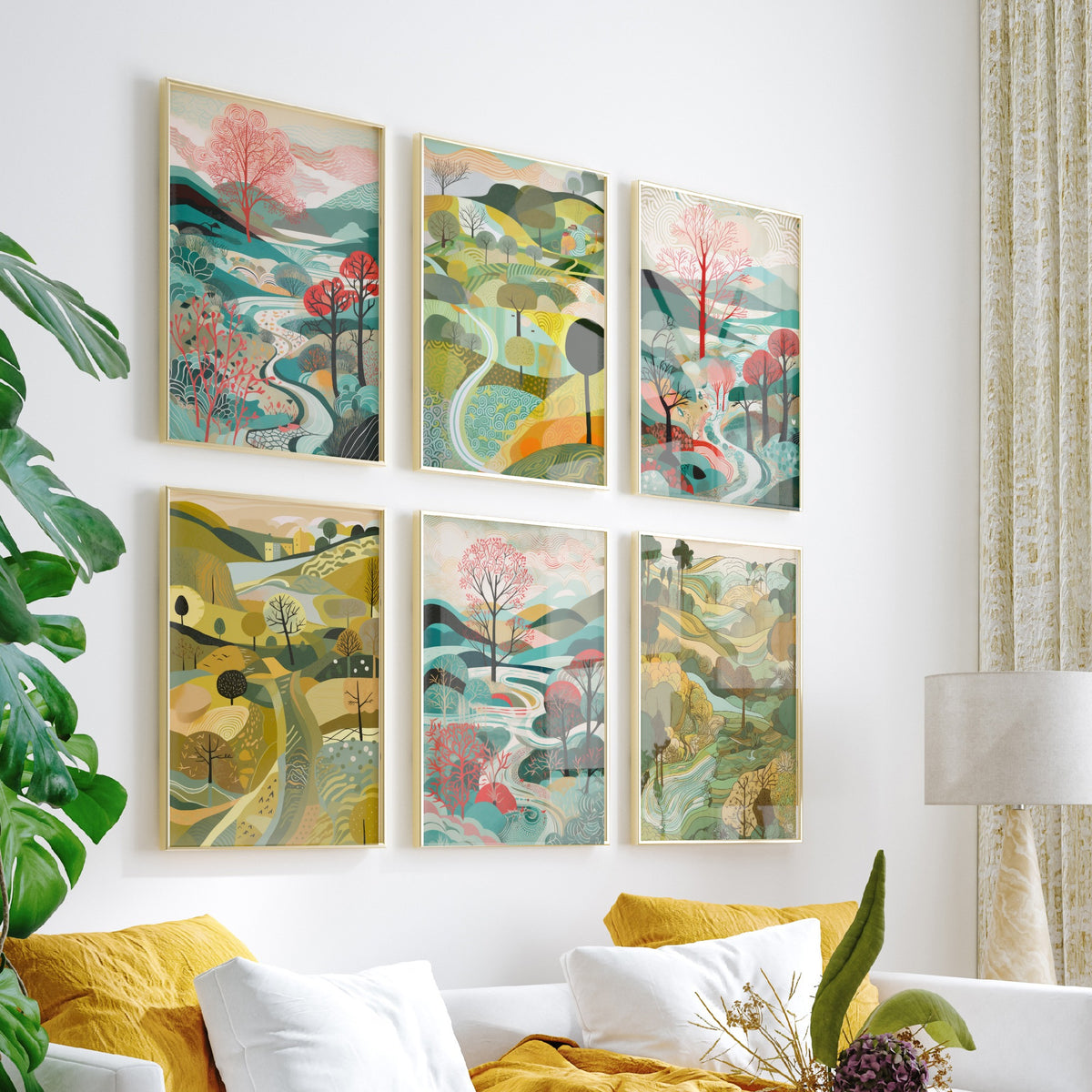 Set of Six Patterned Landscape Art Prints - 6 Folk Countryside Posters - Rolling Hills, Winding Rivers, Coral Trees Illustration