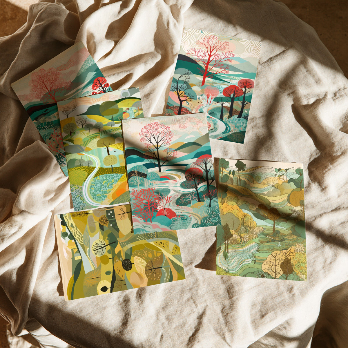 Set of Six Patterned Landscape Art Prints - 6 Folk Countryside Posters - Rolling Hills, Winding Rivers, Coral Trees Illustration