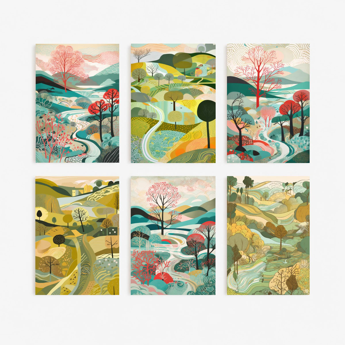 Set of Six Patterned Landscape Art Prints - 6 Folk Countryside Posters - Rolling Hills, Winding Rivers, Coral Trees Illustration