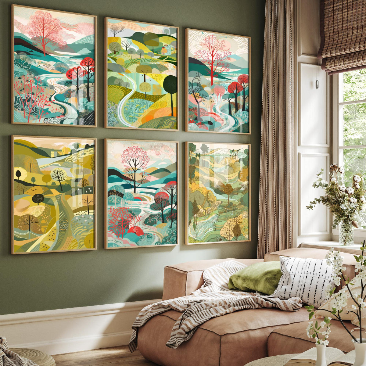 Set of Six Patterned Landscape Art Prints - 6 Folk Countryside Posters - Rolling Hills, Winding Rivers, Coral Trees Illustration