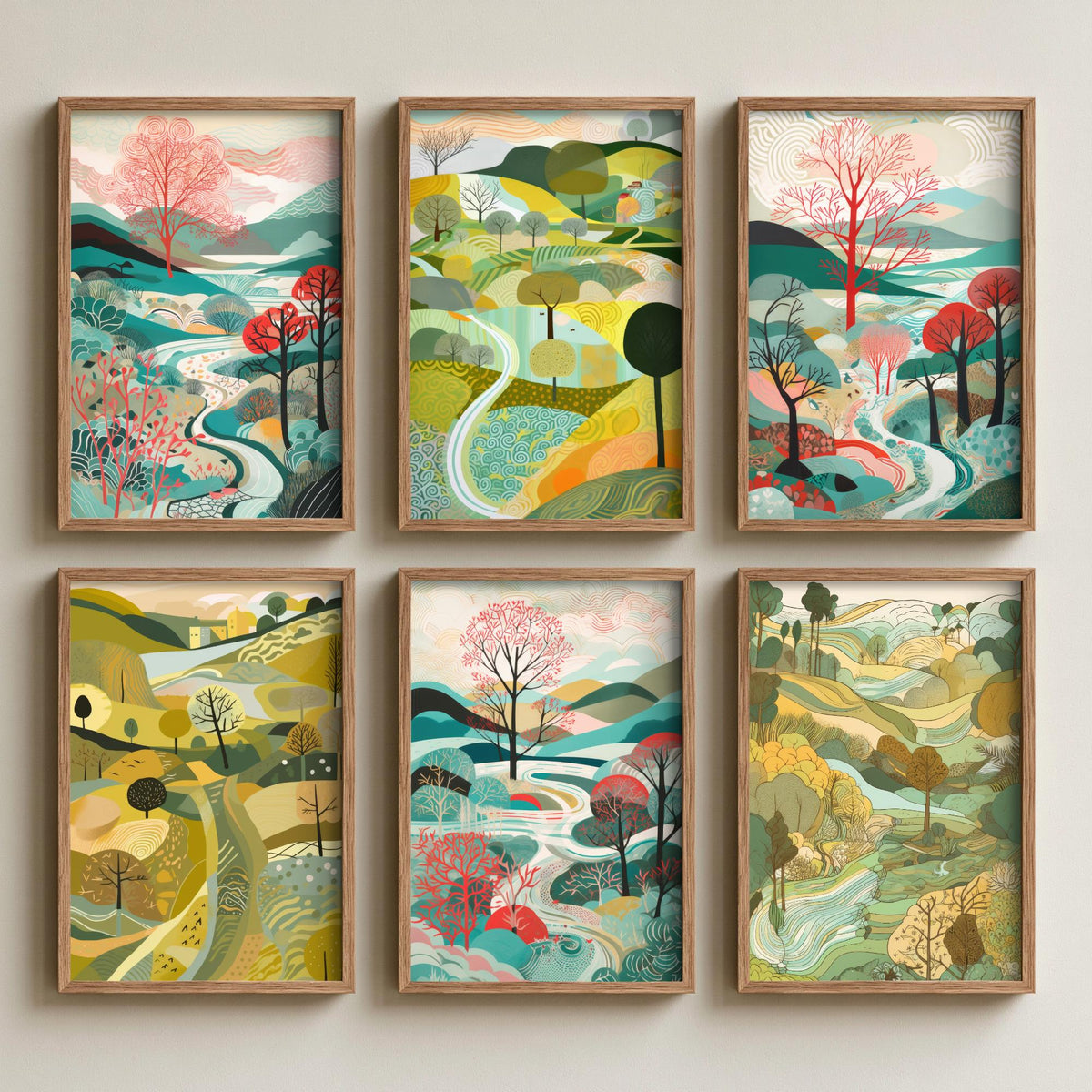 Set of Six Patterned Landscape Art Prints - 6 Folk Countryside Posters - Rolling Hills, Winding Rivers, Coral Trees Illustration