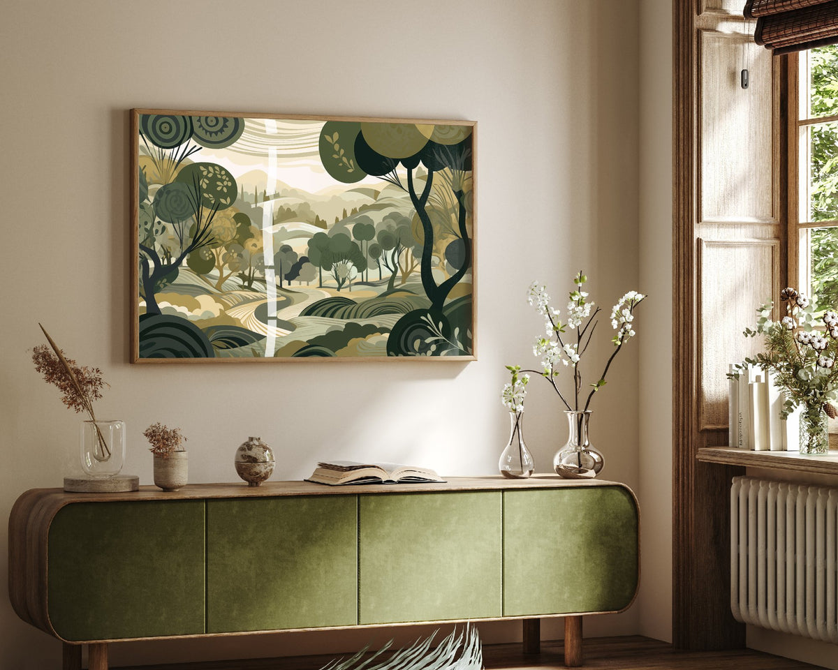 Olive Green Landscape Art Print - Trees Hills and Lakes Poster - Folk Landscape Illustration - Green Scenery