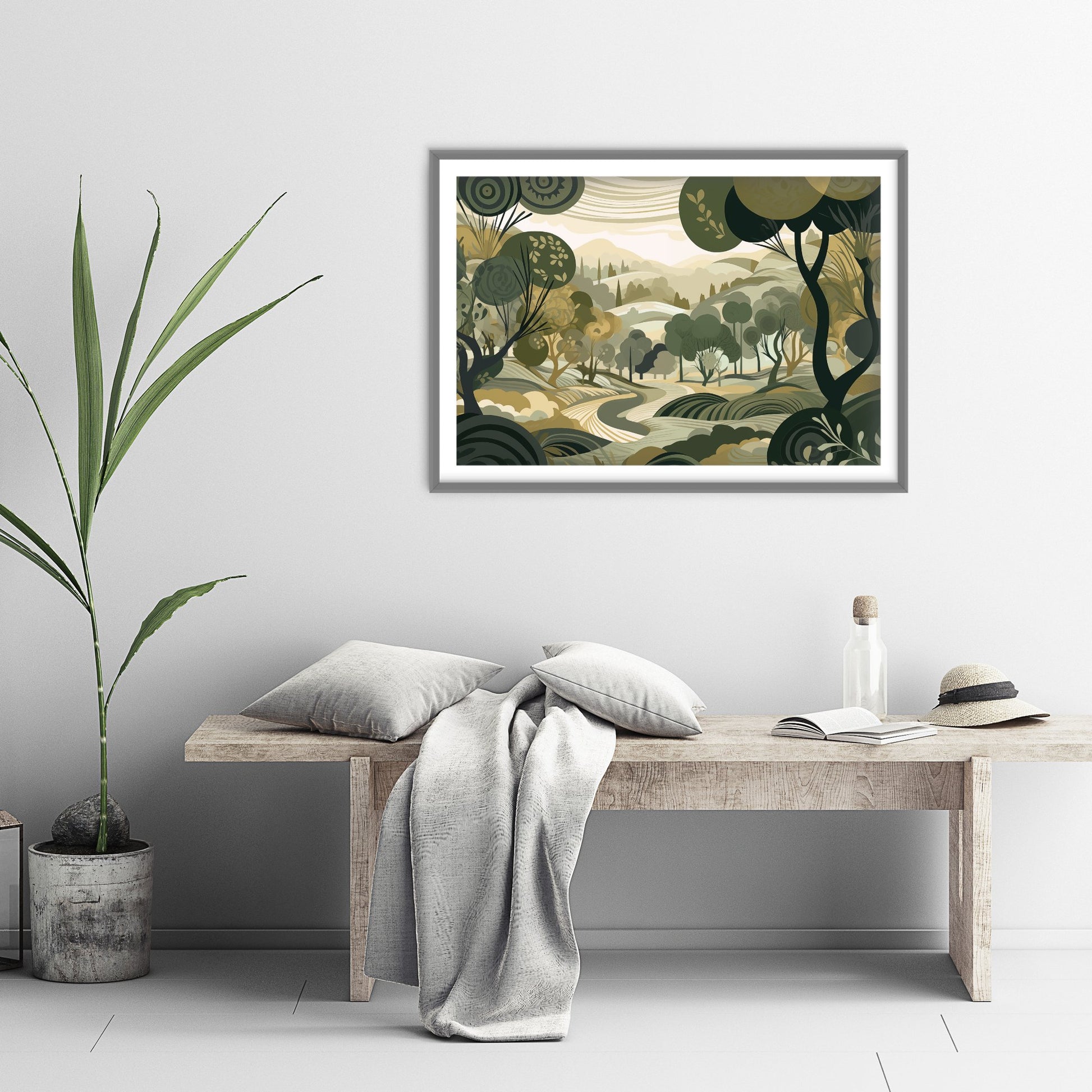 Olive Green Landscape Art Print - Trees Hills and Lakes Poster - Folk Landscape Illustration - Green Scenery