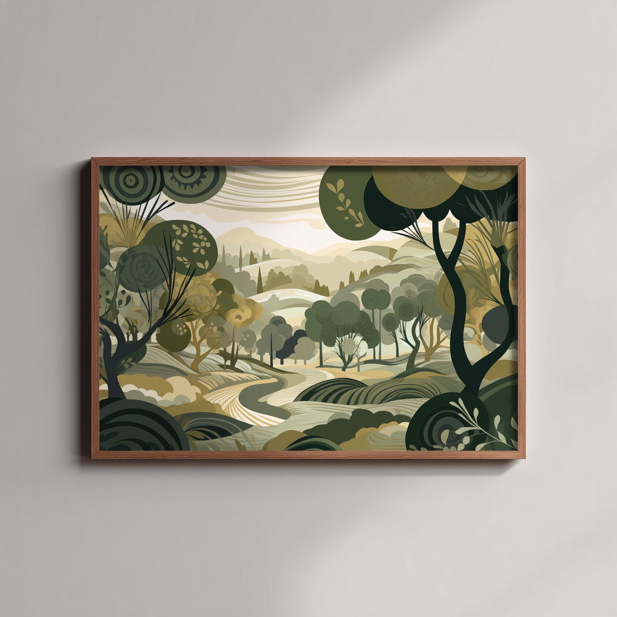 Olive Green Landscape Art Print - Trees Hills and Lakes Poster - Folk Landscape Illustration - Green Scenery