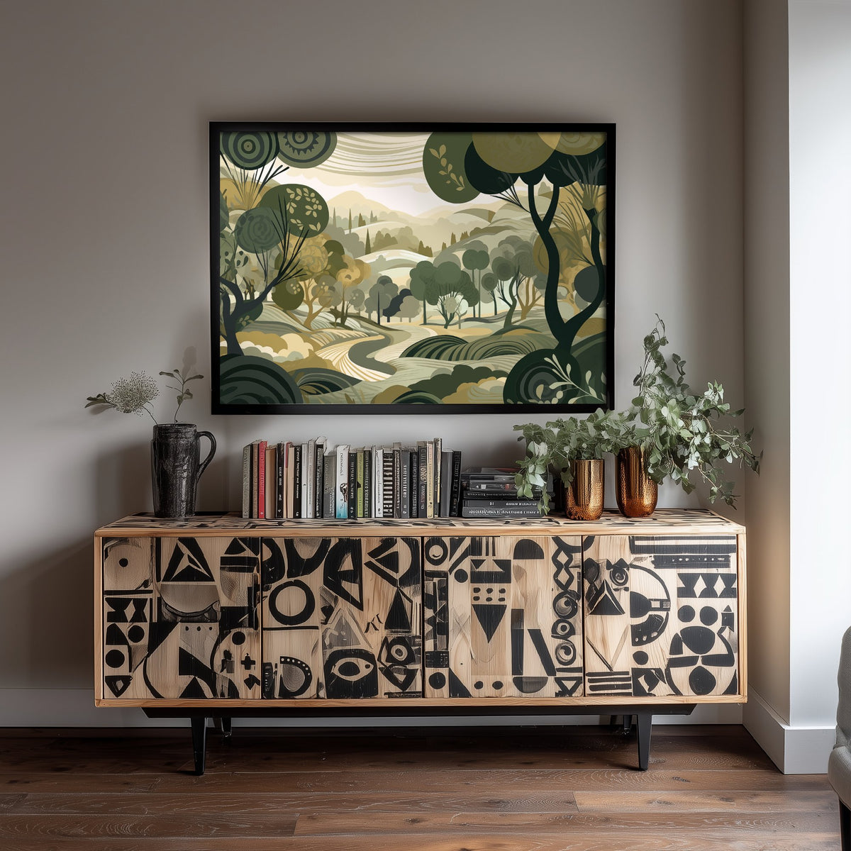 Olive Green Landscape Art Print - Trees Hills and Lakes Poster - Folk Landscape Illustration - Green Scenery