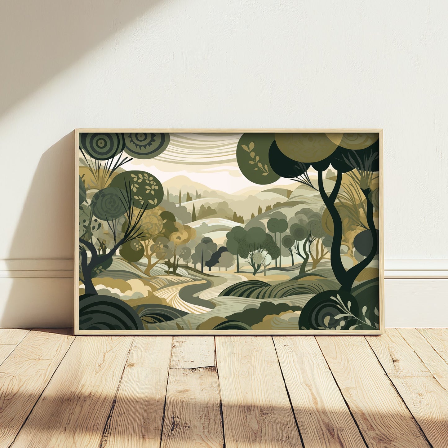 Olive Green Landscape Art Print - Trees Hills and Lakes Poster - Folk Landscape Illustration - Green Scenery