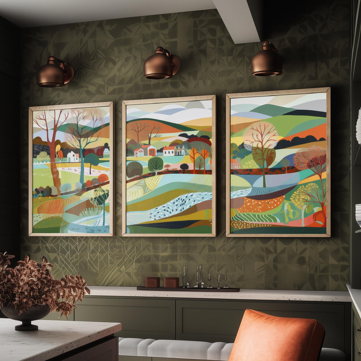 Rainbow Landscape Drawing Set of Three Art Prints - Trees, Hills and Lakes - Patchwork Folk Countryside Poster Illustration V1