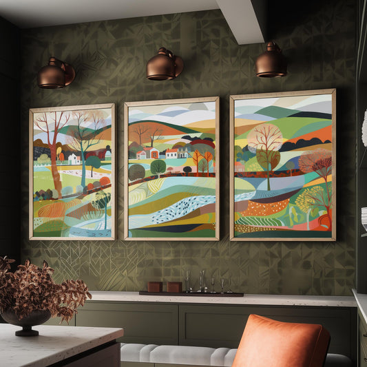Rainbow Landscape Drawing Set of Three Art Prints - Trees, Hills and Lakes - Patchwork Folk Countryside Poster Illustration V1