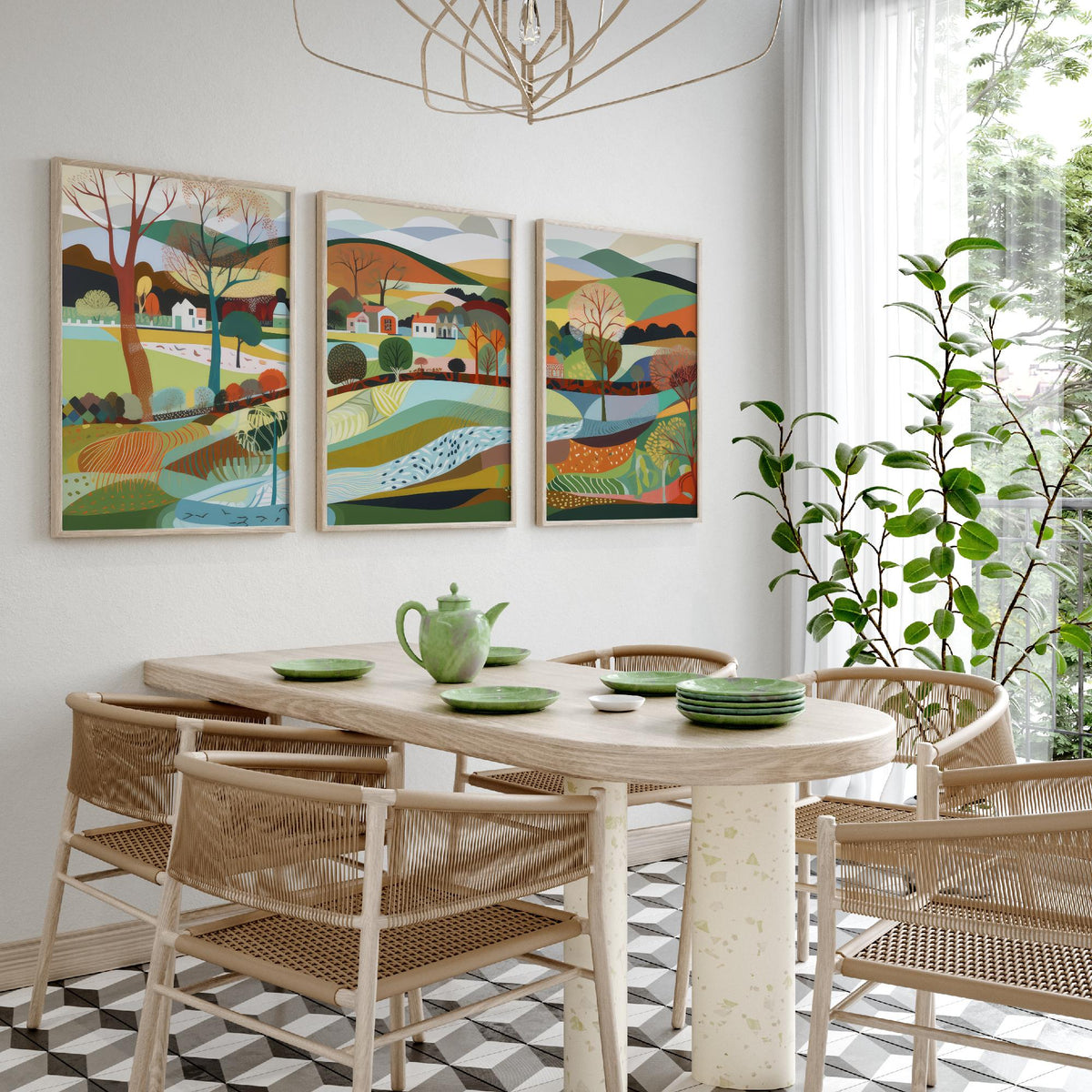 Rainbow Landscape Drawing Set of Three Art Prints - Trees, Hills and Lakes - Patchwork Folk Countryside Poster Illustration V1