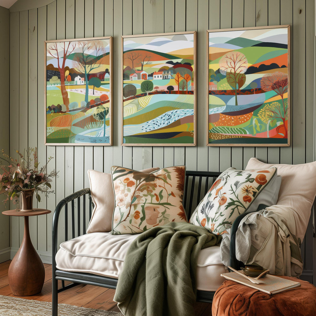 Rainbow Landscape Drawing Set of Three Art Prints - Trees, Hills and Lakes - Patchwork Folk Countryside Poster Illustration V1
