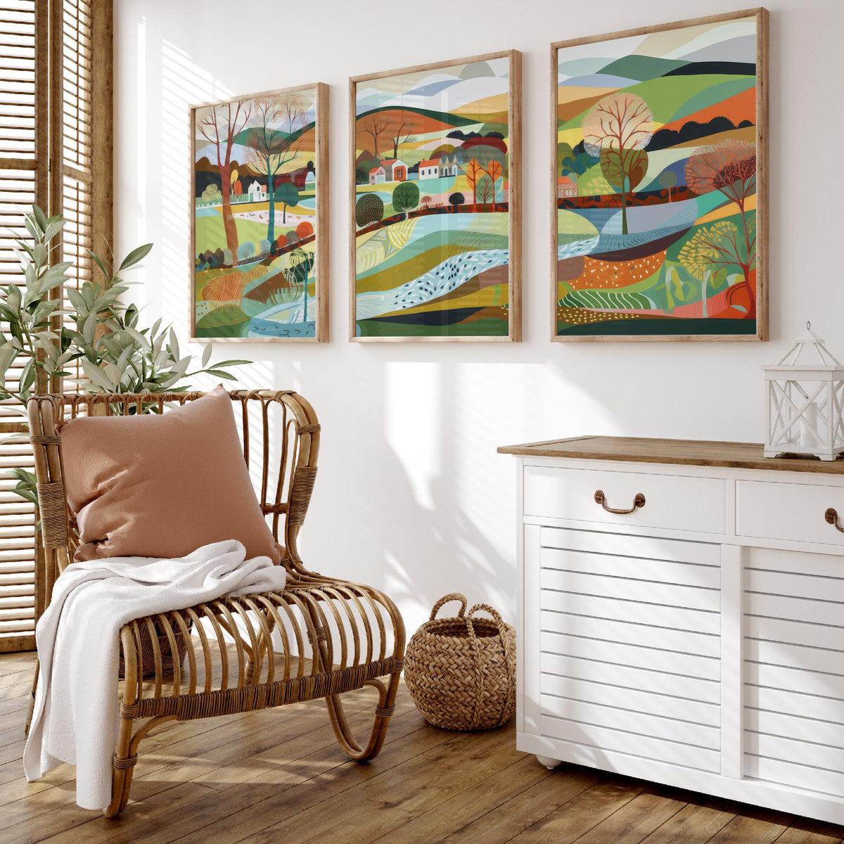 Rainbow Landscape Drawing Set of Three Art Prints - Trees, Hills and Lakes - Patchwork Folk Countryside Poster Illustration V1