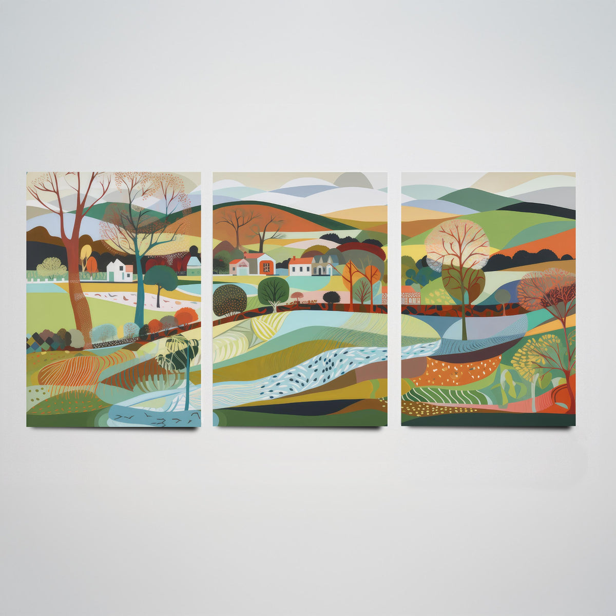 Rainbow Landscape Drawing Set of Three Art Prints - Trees, Hills and Lakes - Patchwork Folk Countryside Poster Illustration V1