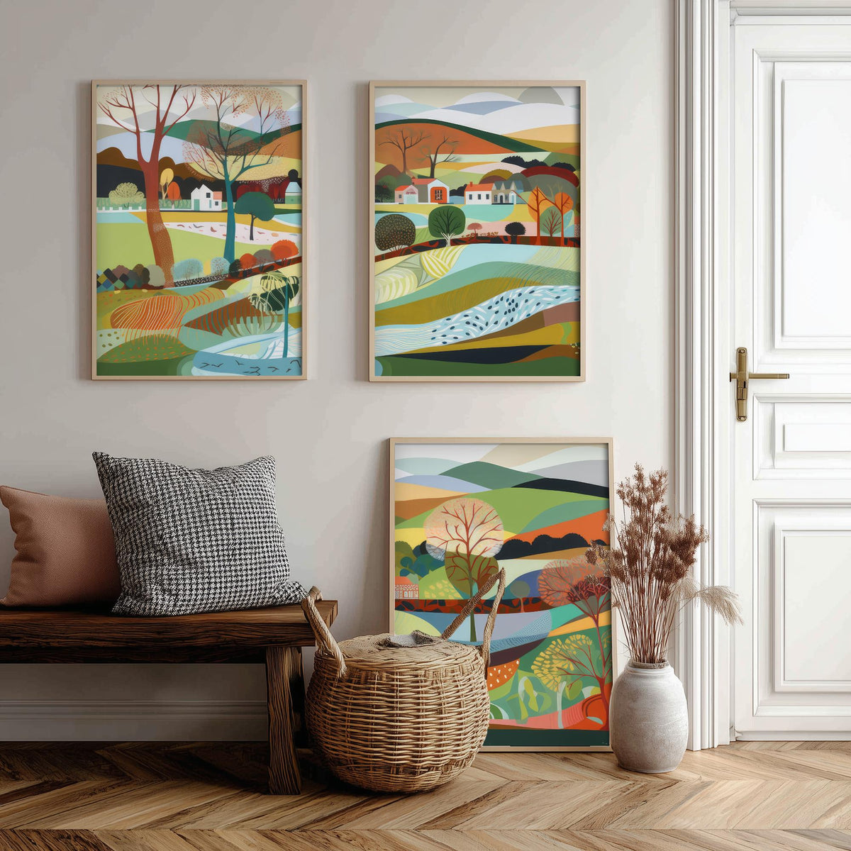 Rainbow Landscape Drawing Set of Three Art Prints - Trees, Hills and Lakes - Patchwork Folk Countryside Poster Illustration V1
