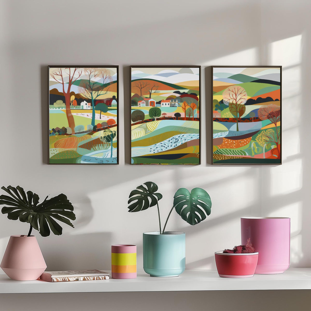 Rainbow Landscape Drawing Set of Three Art Prints - Trees, Hills and Lakes - Patchwork Folk Countryside Poster Illustration V1
