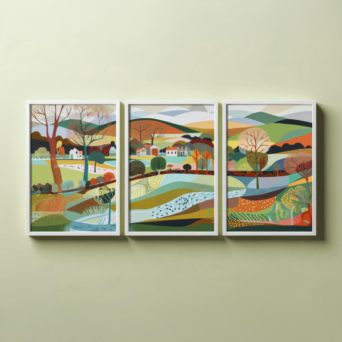 Rainbow Landscape Drawing Set of Three Art Prints - Trees, Hills and Lakes - Patchwork Folk Countryside Poster Illustration V1