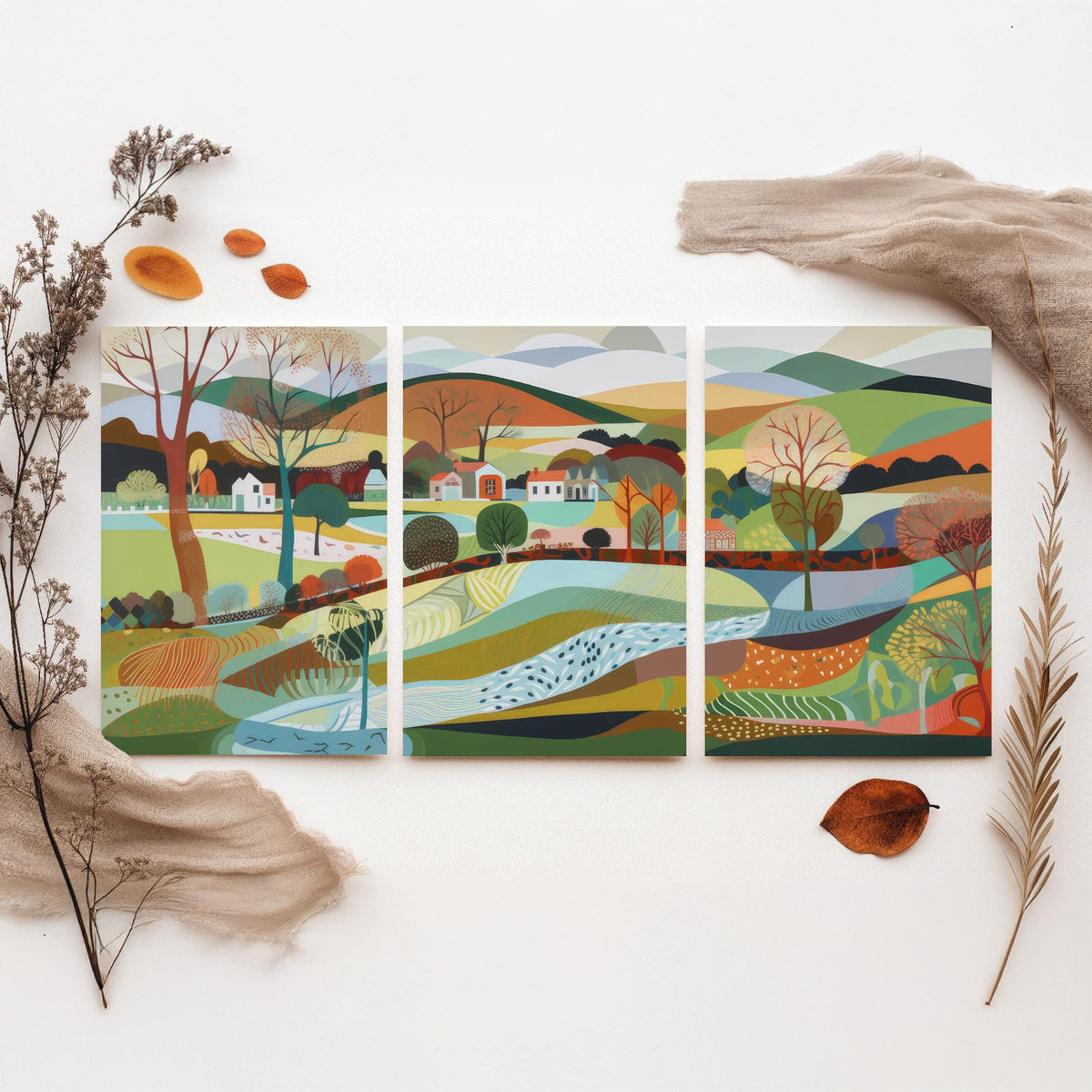 Rainbow Landscape Drawing Set of Three Art Prints - Trees, Hills and Lakes - Patchwork Folk Countryside Poster Illustration V1